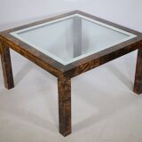 Table basse design Aldo Tura, en verre, cuir de chèvre et parchemin – Table d'appoint 1978