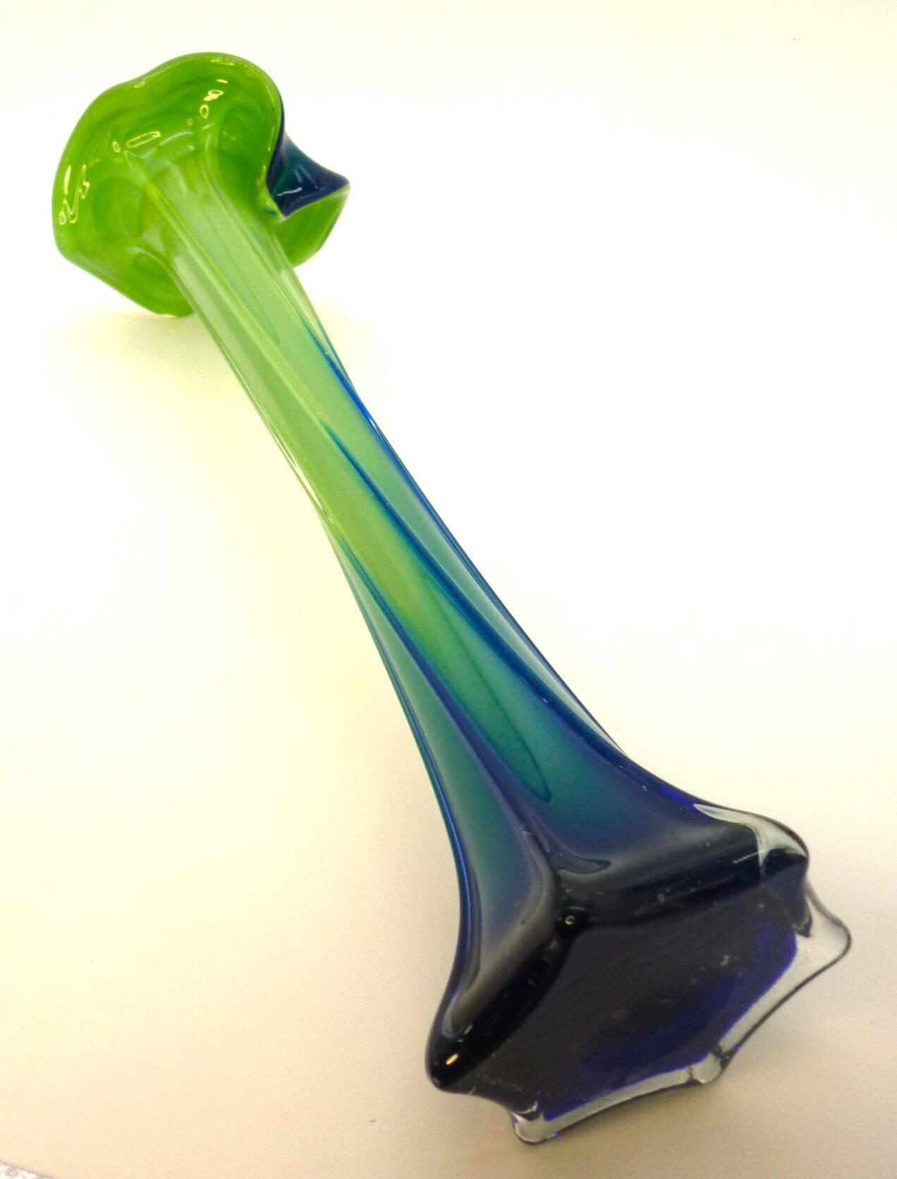 Vintage blown glass vase, twisted, blue and green, height: 39cm