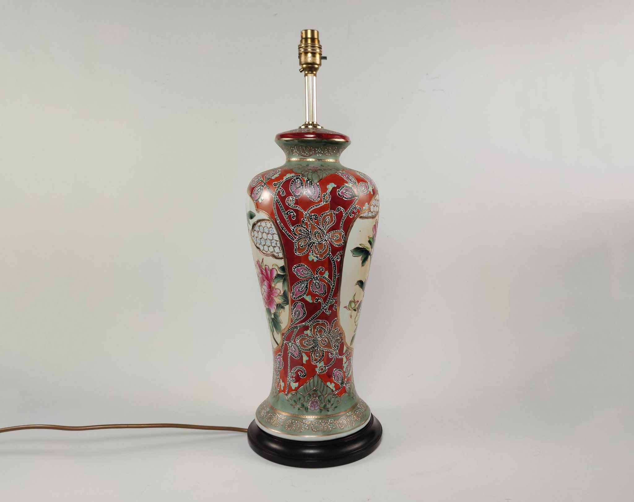 Pair Of XL Vintage Hand-Painted Chinese Floral Pottery Lamps
