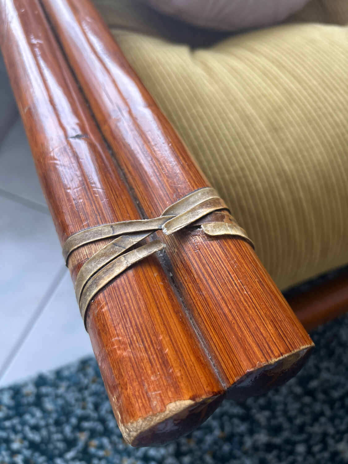Magnificent velvet fabric rattan armchair - vintage