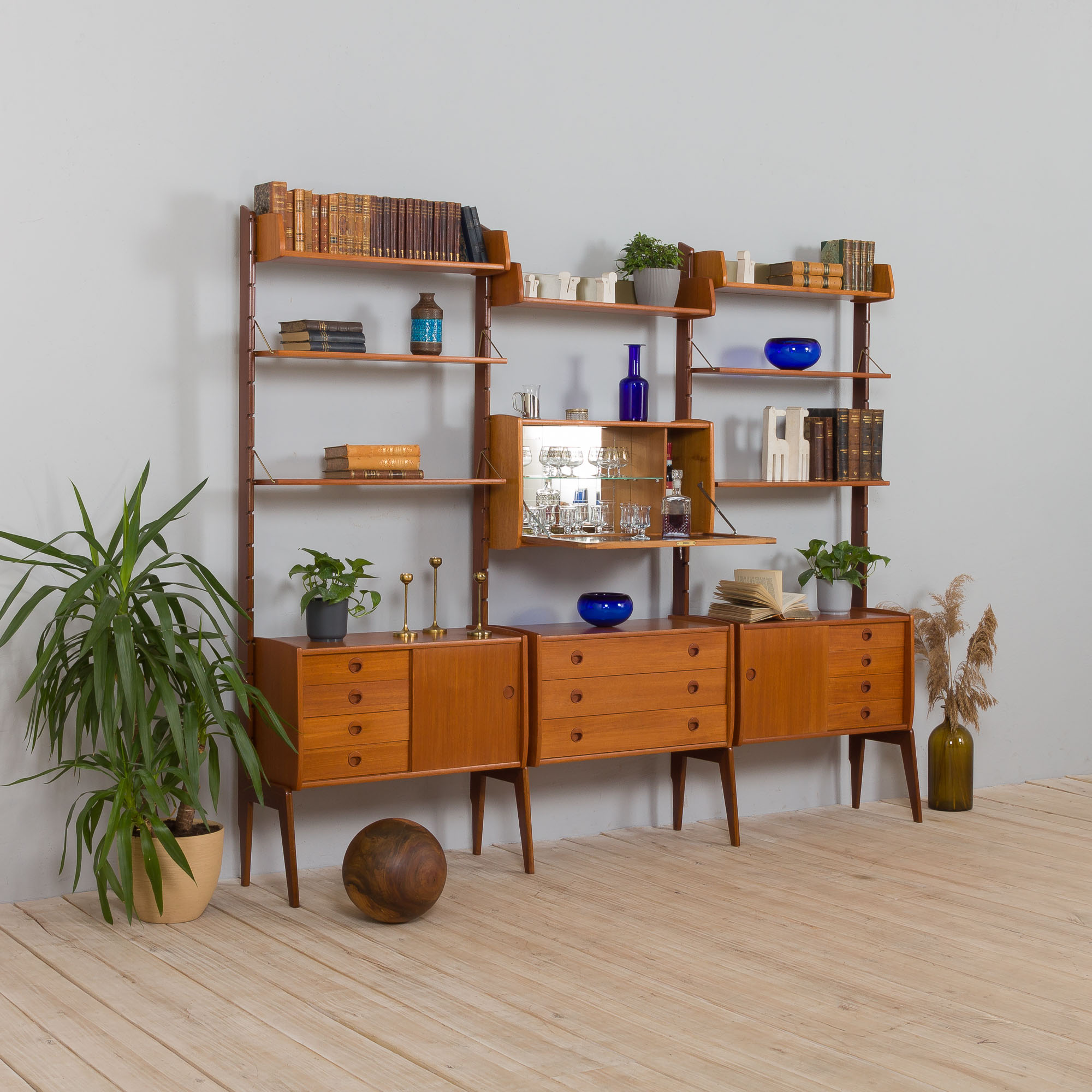 Scandinavian  free standing  Ergo wall unit bar cabinet and 3 cabinets and with 7 shelves,  by John