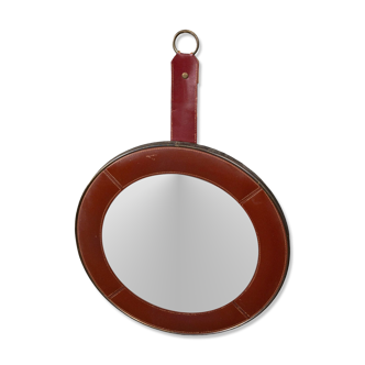 Round leather mirror with stitching Adnet 1960 hanging system