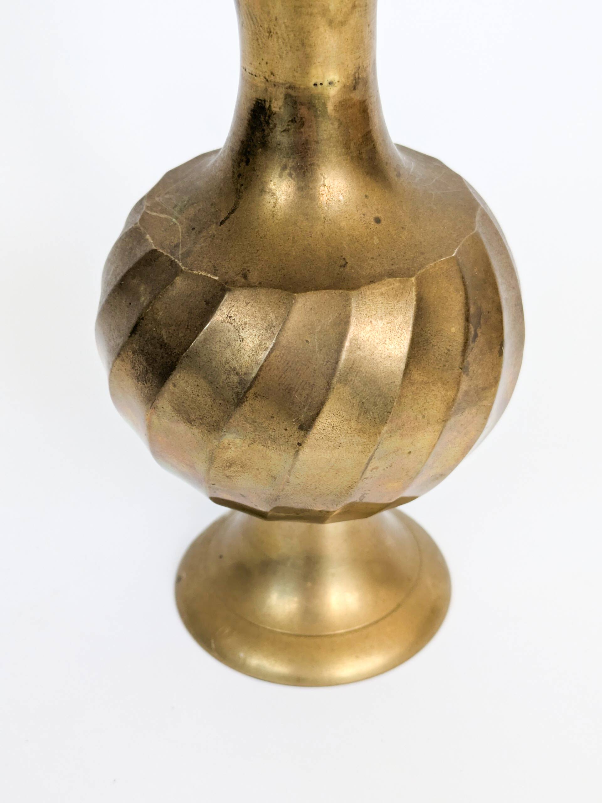 Solid brass Midcentury vase in trumpet shape with twisted details.
