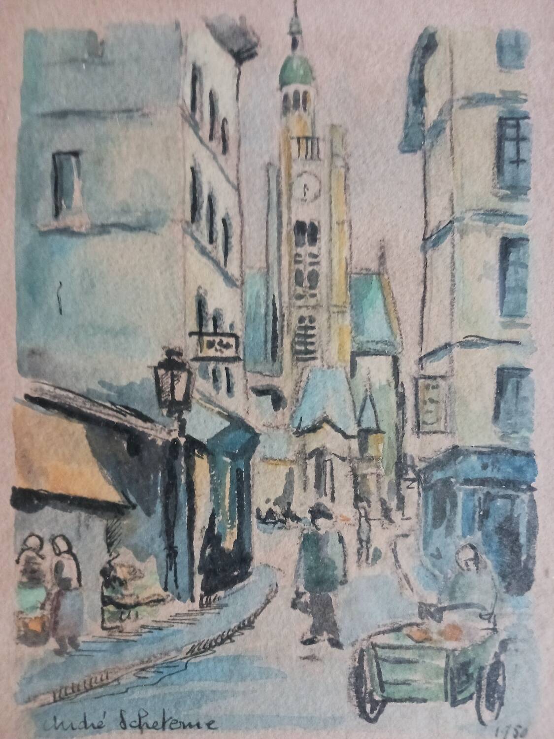 Aquarelle "Rue de la montagne Sainte Geneviève àParis"