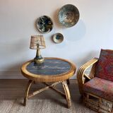 Rattan Bamboo Coffee table Marble top look