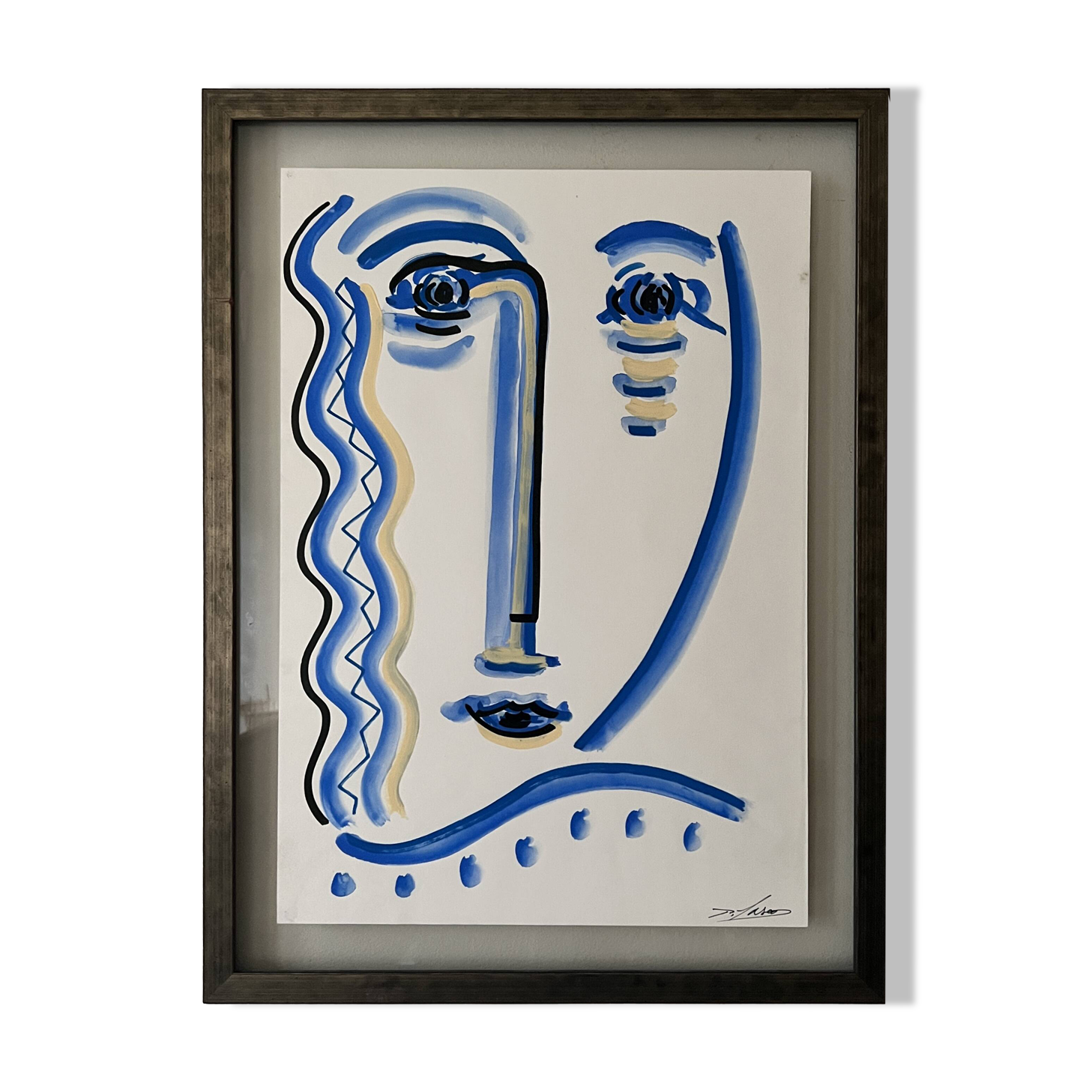Cubist composition in blue, Vallauris style, signed Blasos.