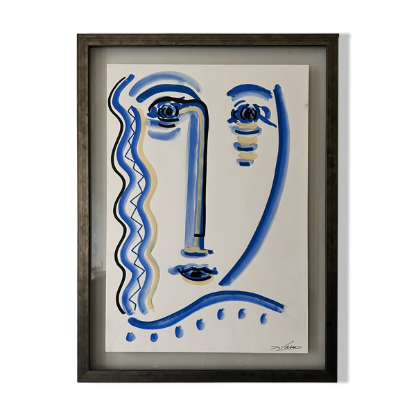Tableau cubiste composition bleue style Vallauris, signée Blasos