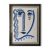 Tableau cubiste composition bleue style Vallauris, signée Blasos