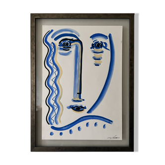 Cubist composition in blue, Vallauris style, signed Blasos.