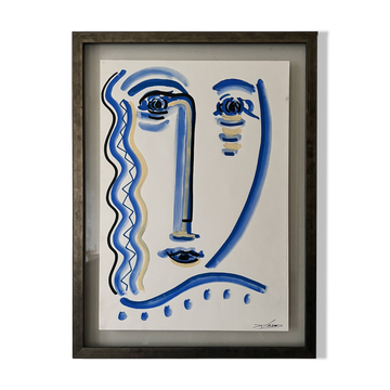 Cubist composition in blue, Vallauris style, signed Blasos.