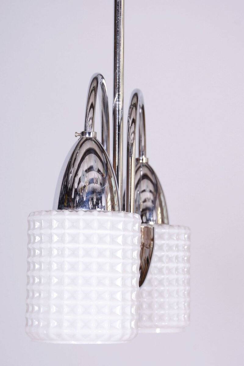 Mid-Century Chandelier in Chrome, Steel and Opaline Glass, Czech, 1960s