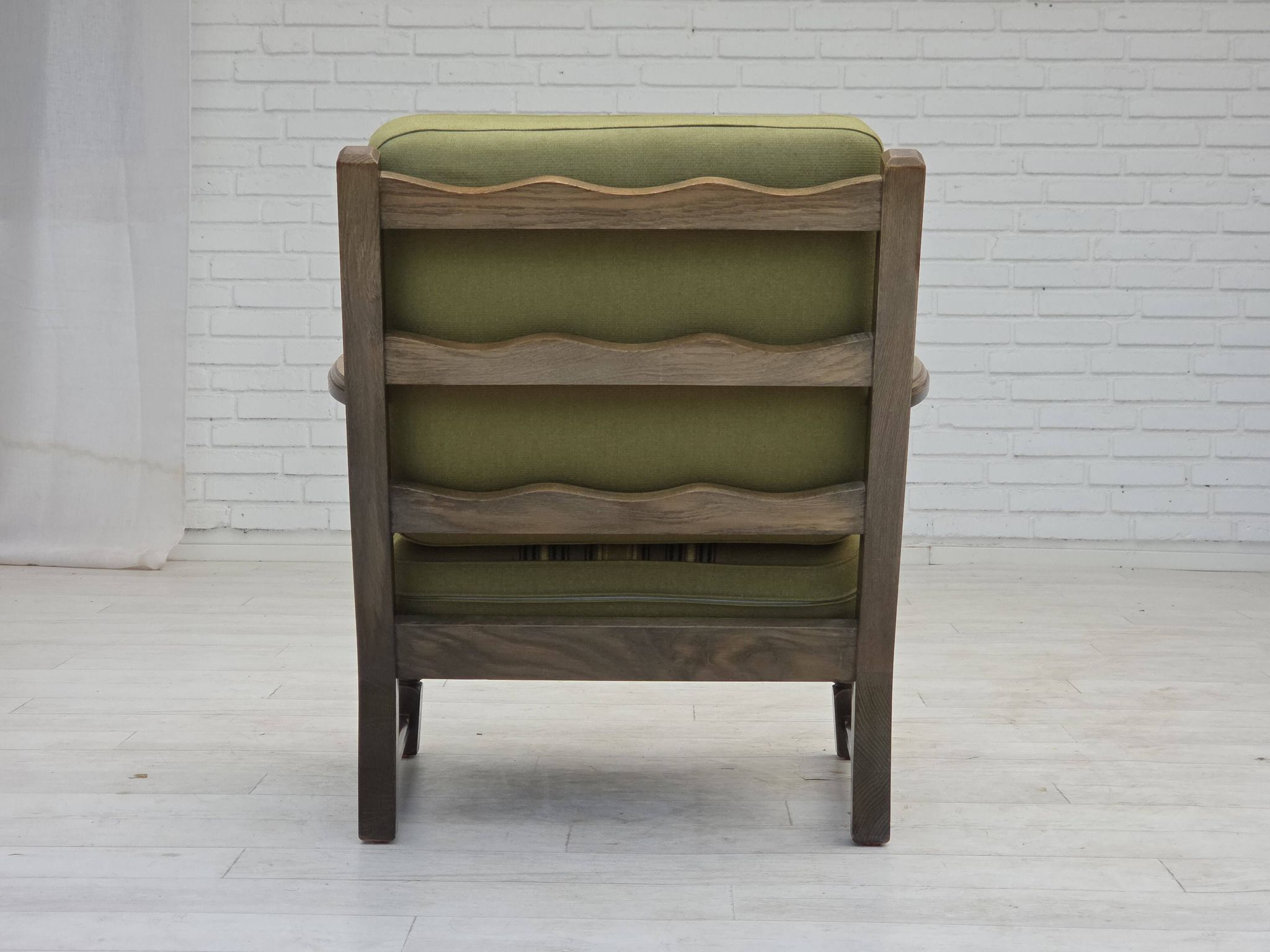 1970s, pair of Danish armchairs, original green furniture wool, oak wood.