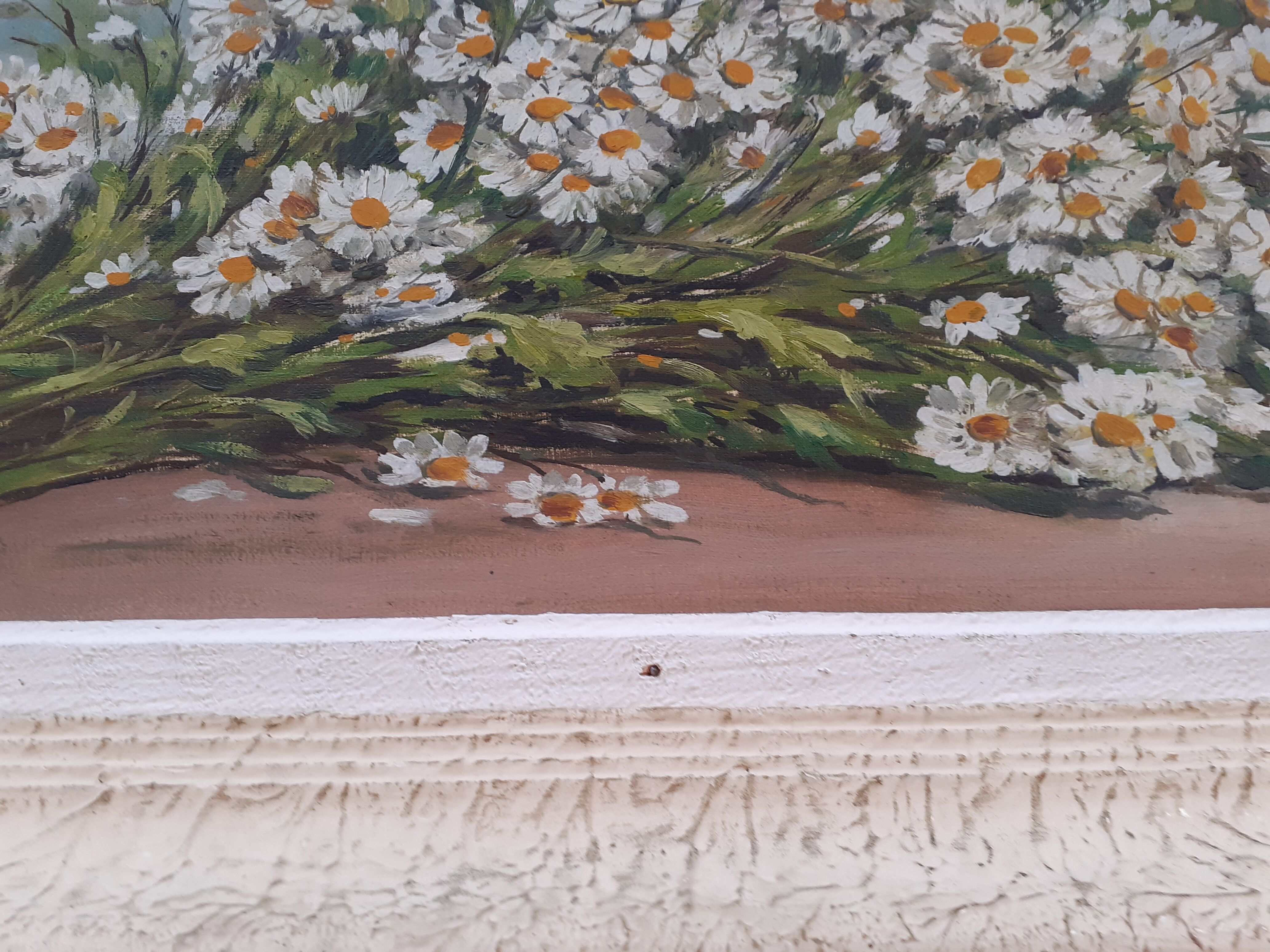 Vintage still life painting with daisies