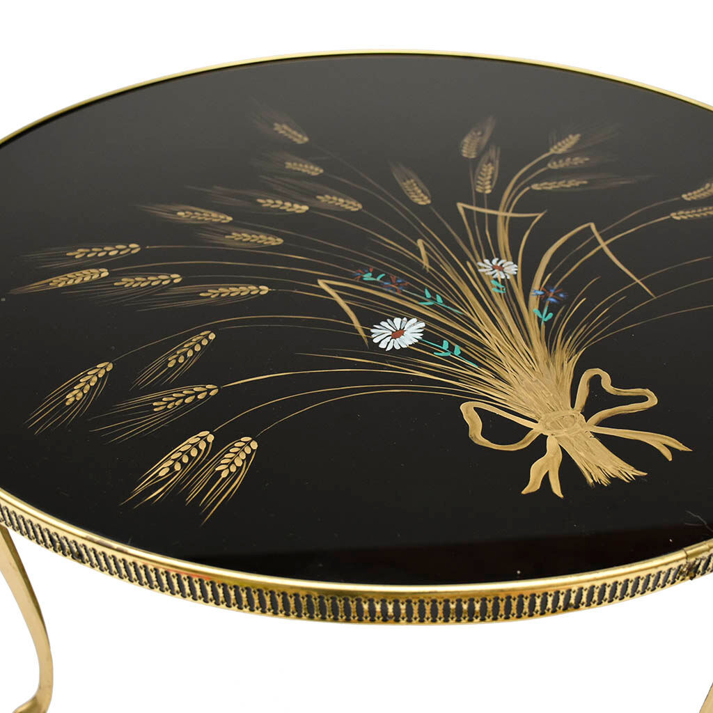 Round coffee table black glass floral brass structure D 60 cm vintage - Brocante Chic