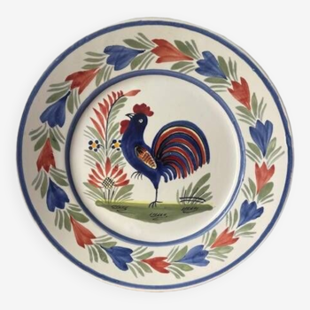 HB Quimper rooster plate hand painted earthenware France 1980 signed on the back.
