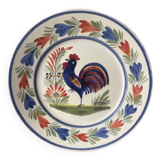 HB Quimper rooster plate hand painted earthenware France 1980 signed on the back.