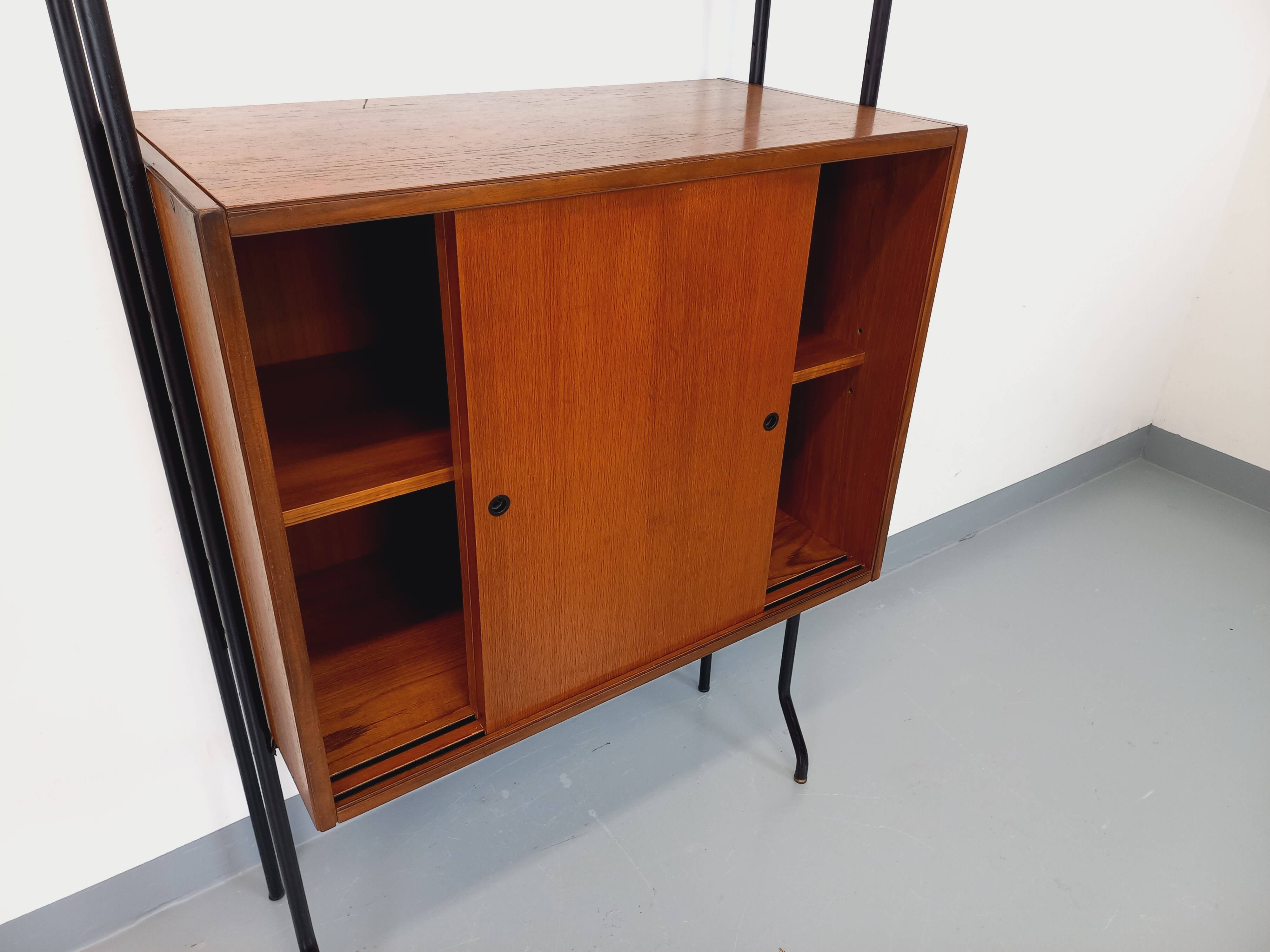 Vintage Italian modular shelving unit in teak and metal from the 1970s