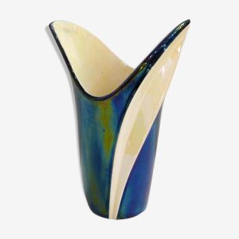 Vase midcentury Verceram, irisé nacre & pétrole