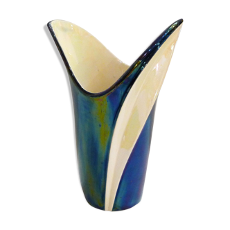 Vase midcentury Verceram, irisé nacre & pétrole