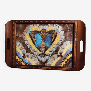 Vintage Brazilian inlaid tray Morpho butterfly wings, 1930s