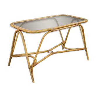 Dutch Design vintage rattan coffee table with glass top, 1950