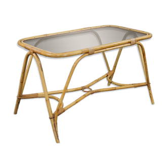 Table basse vintage en rotin Dutch Design avec plateau en verre, 1950
