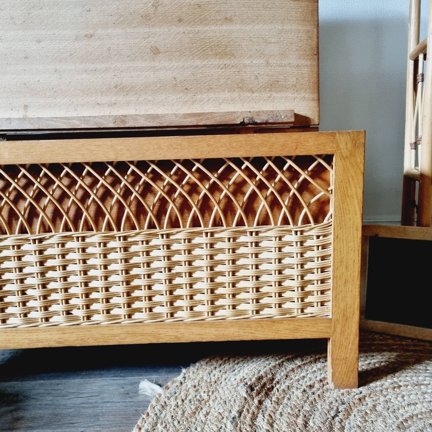 Oak and rattan chest bench 1960