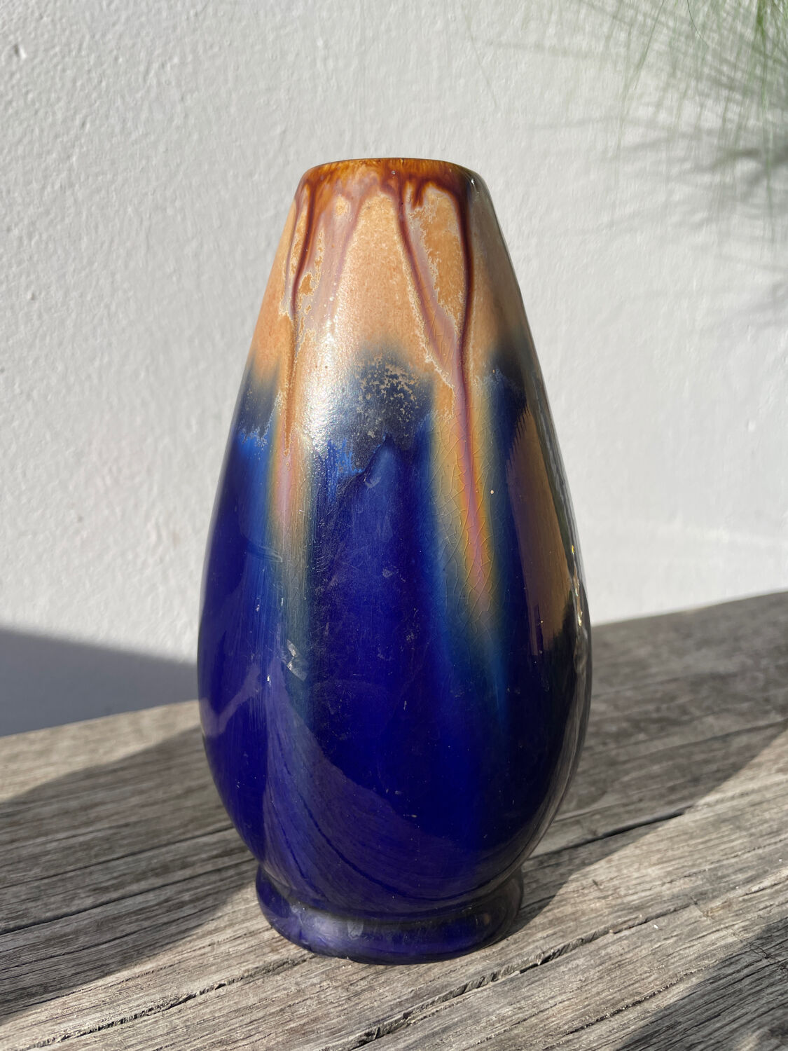 Belgian vase in blue and beige flamed stoneware