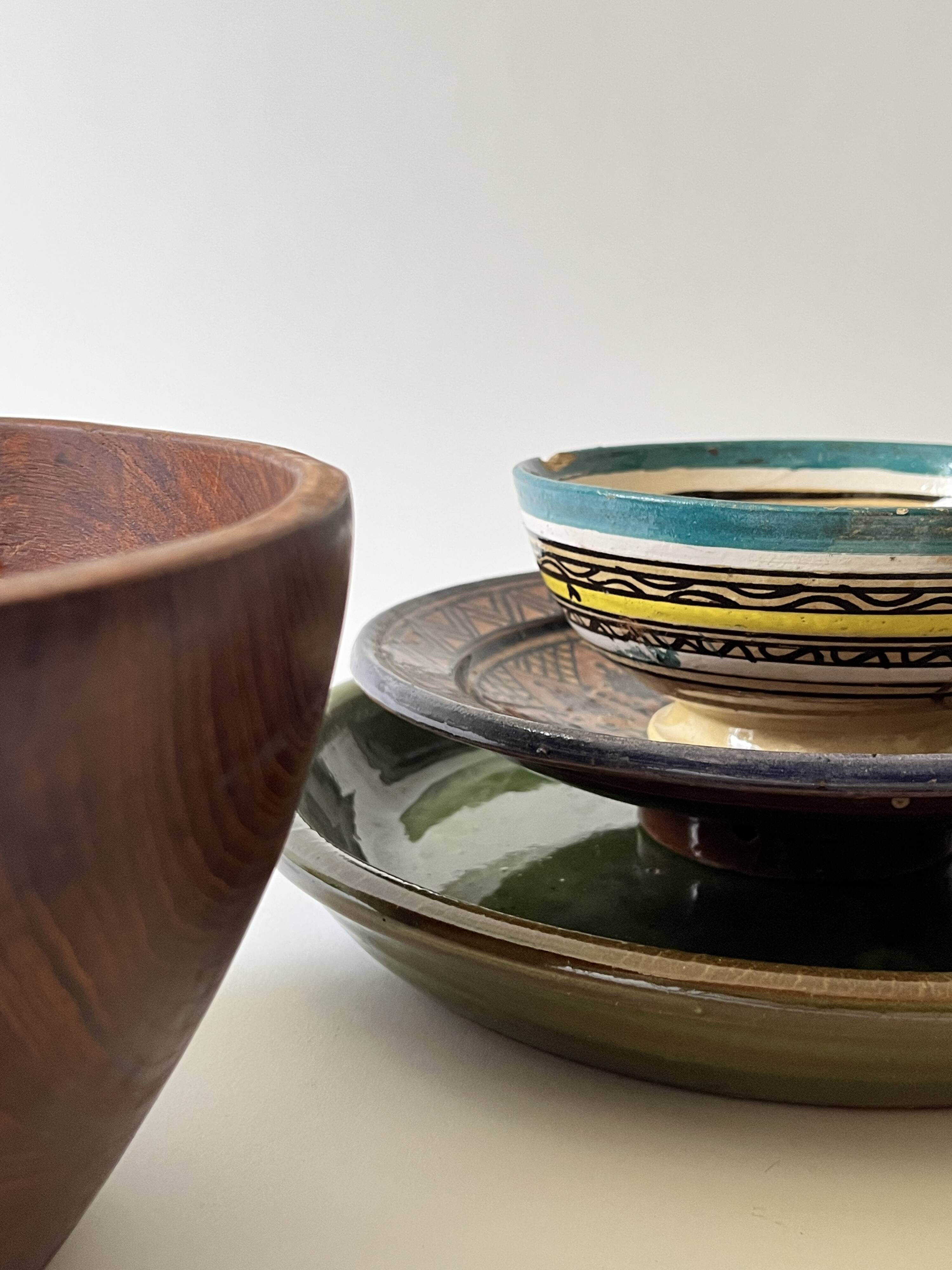 Vintage ceramic pottery salad bowl, signed, Berber work