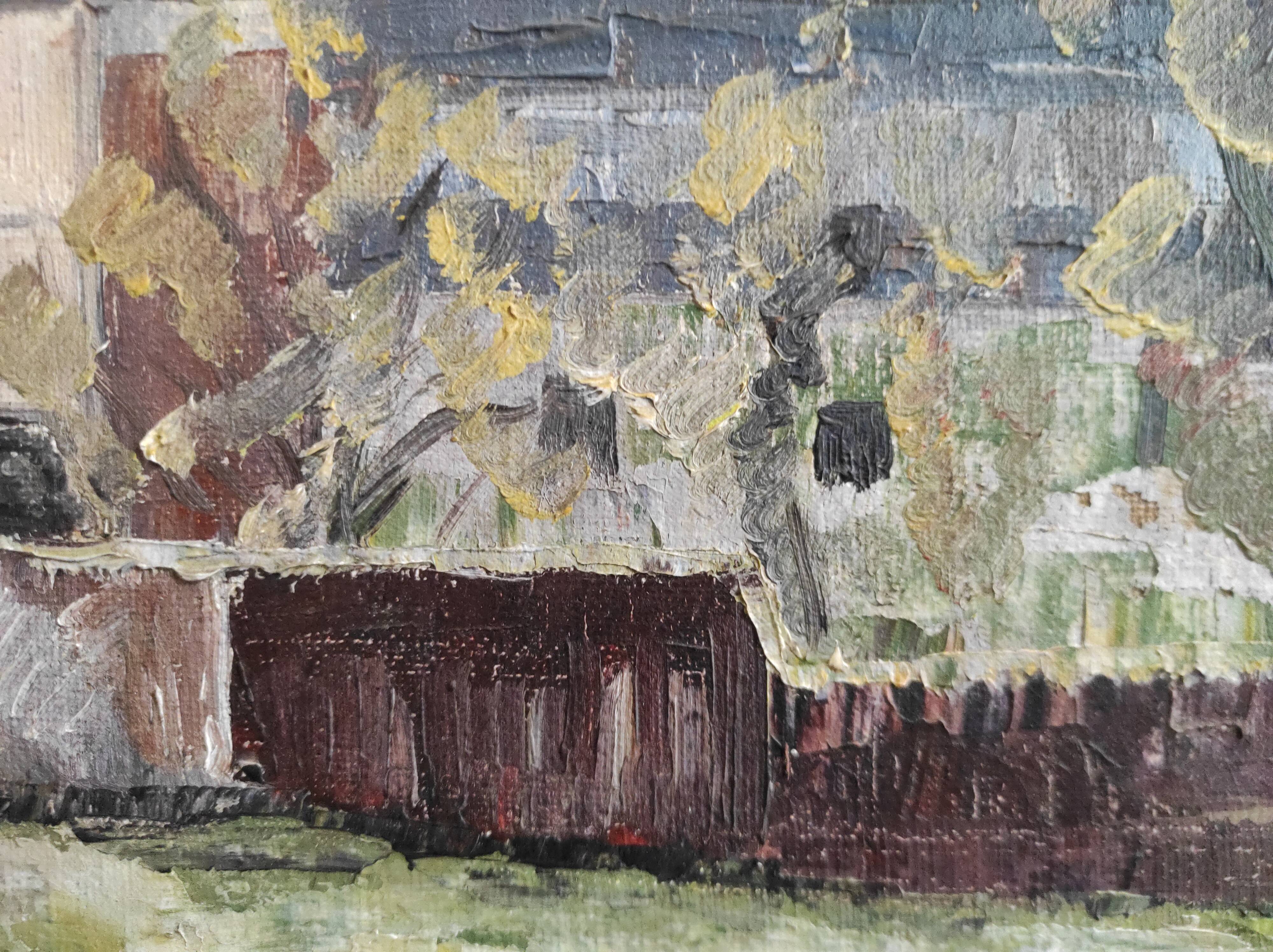 French vintage oil painting on canvas of a mine, signed M. L. Bertin Eustache