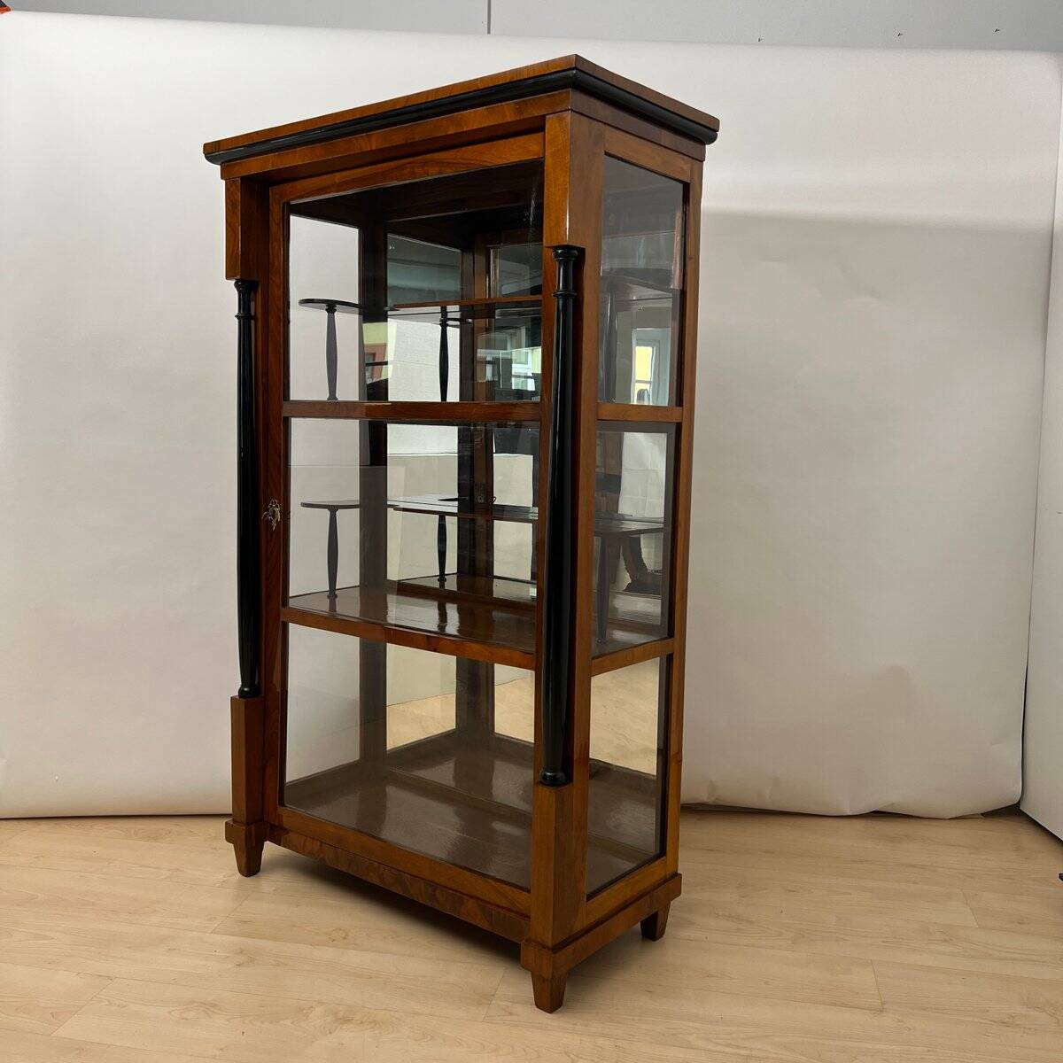 Biedermeier Vitrine in Walnut & Brass with Three Sides Glazed, South Germany, 1830