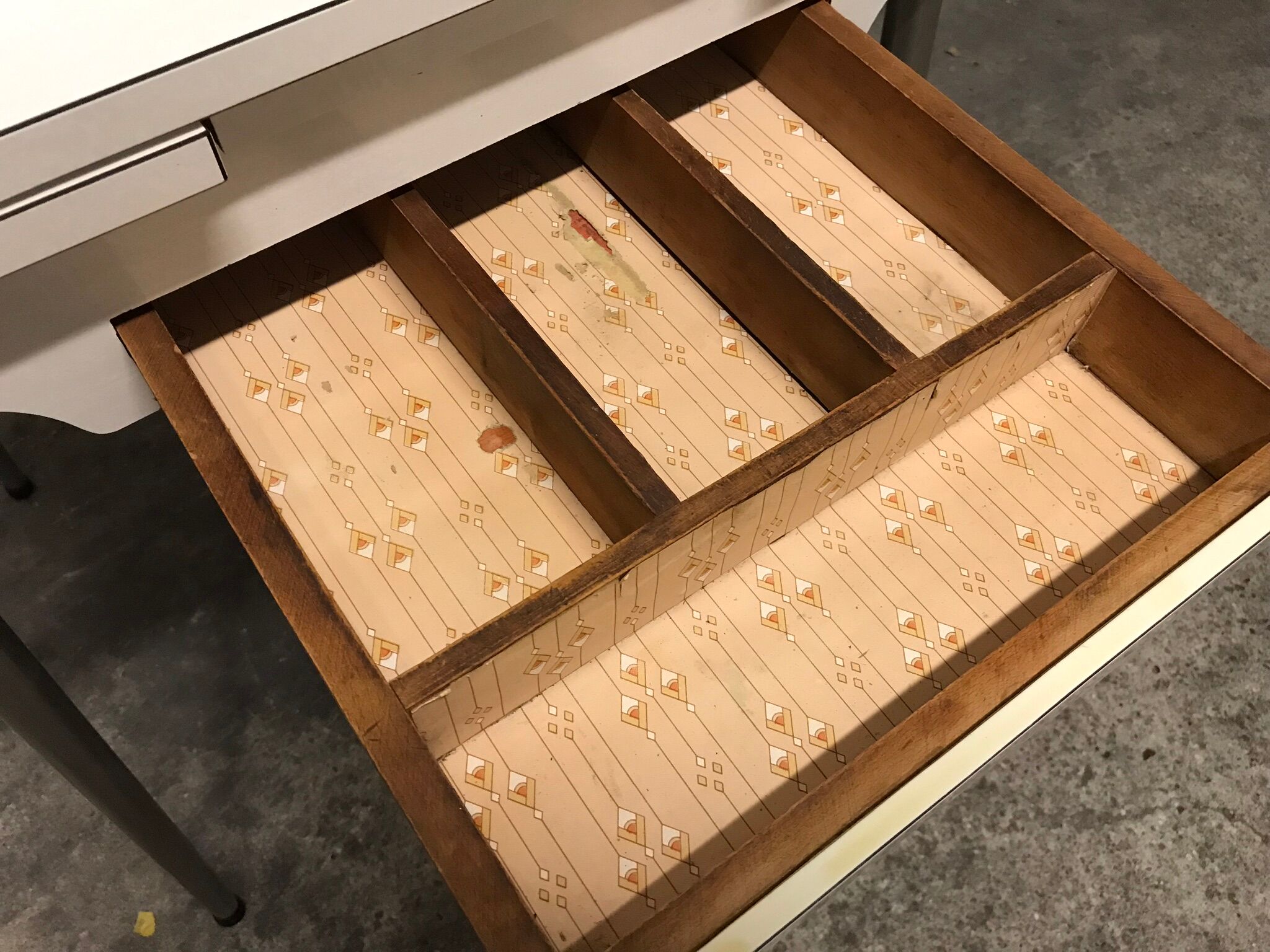 Off-white formica table / 70s cream with a tapered foot drawer