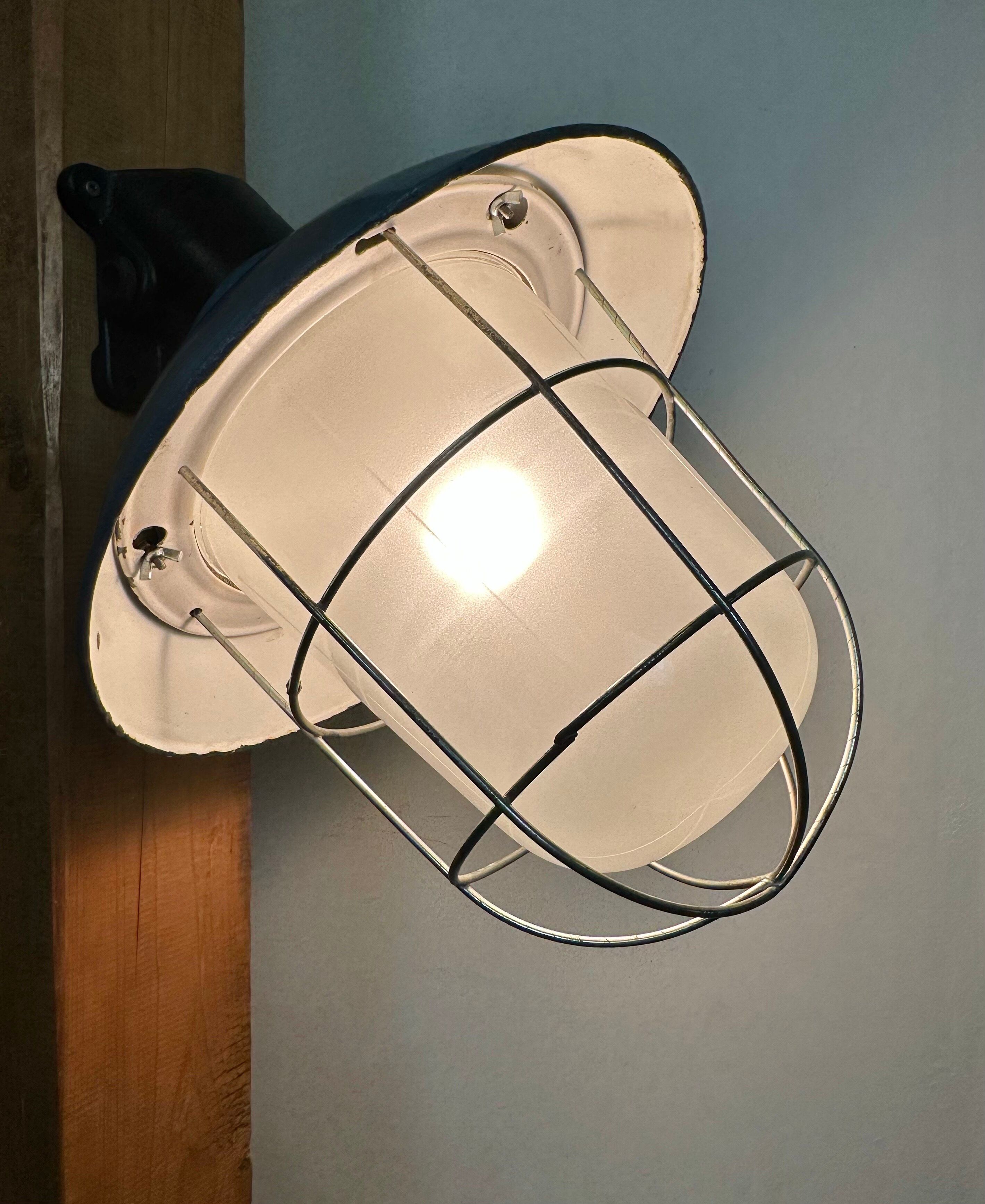 Industrial Blue Painted Factory Wall Cage Lamp from Elektrosvit, 1960s