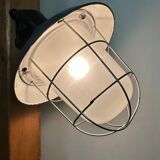 Industrial Blue Painted Factory Wall Cage Lamp from Elektrosvit, 1960s