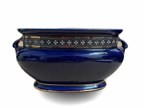 Blue earthenware planter decorated with gold motifs