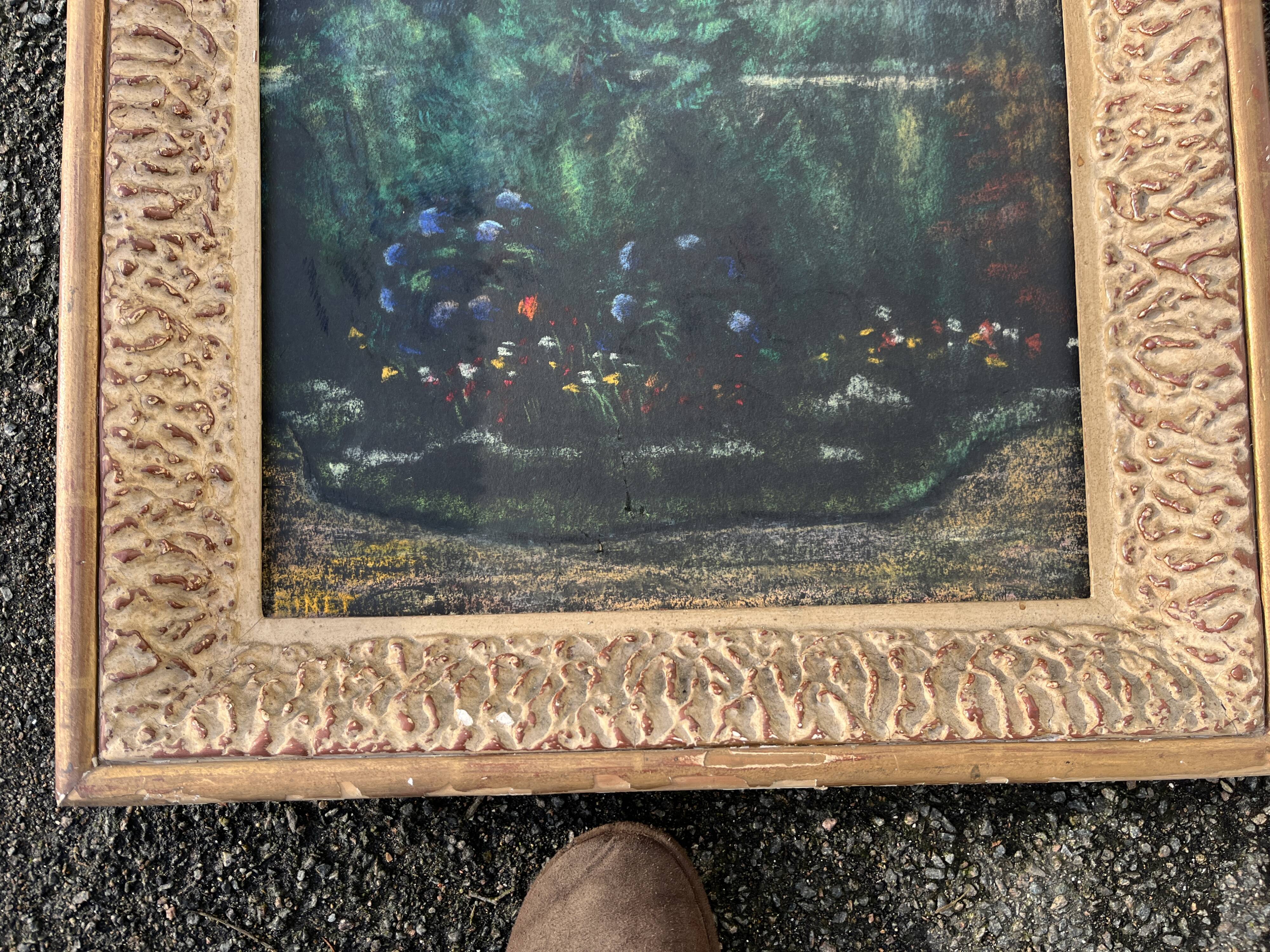 Old large pastel tableau - Scene of a wooded and flowered garden