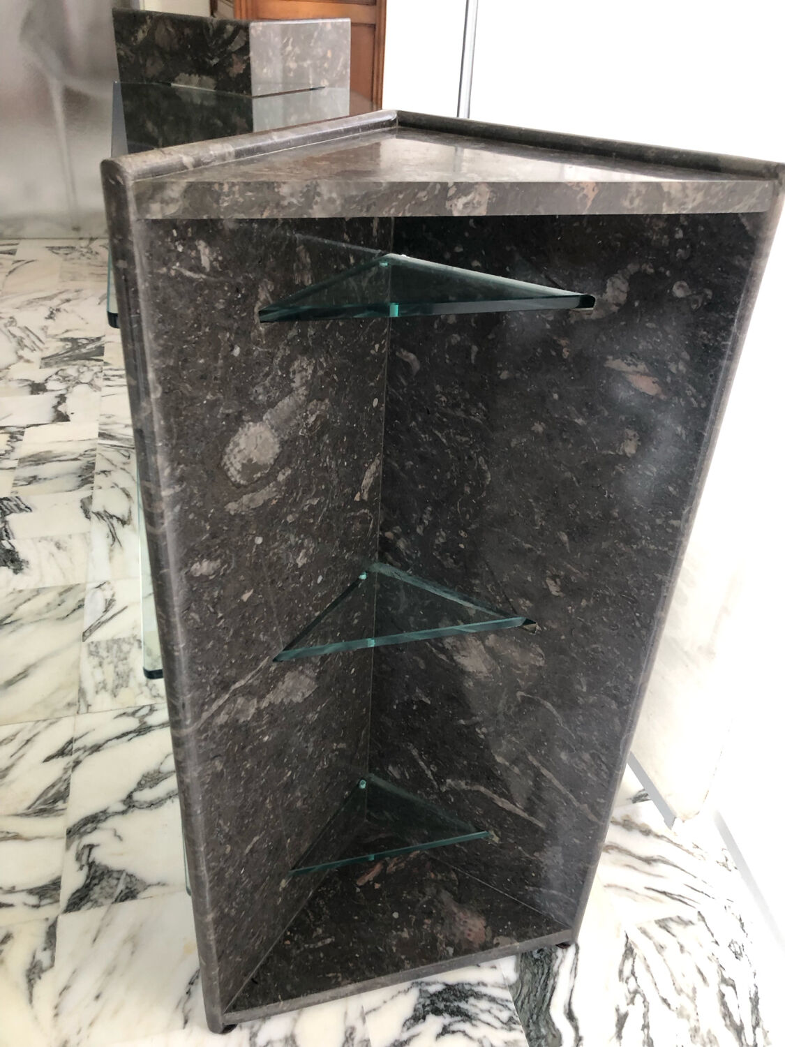 Roche Bobois console in veined black marble and glass, 1990s.