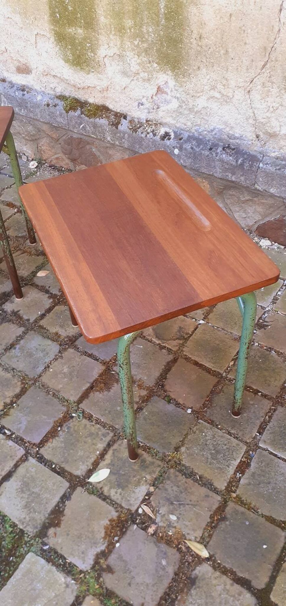 Pair of 1960s tables in tubular metal and solid teak