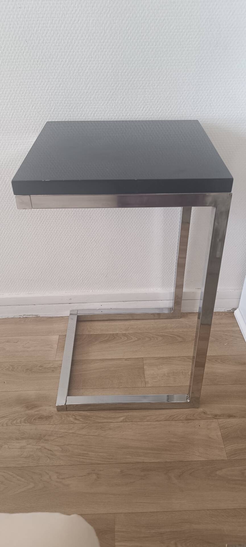 Contemporary C design side table — Heavy chrome steel and top
