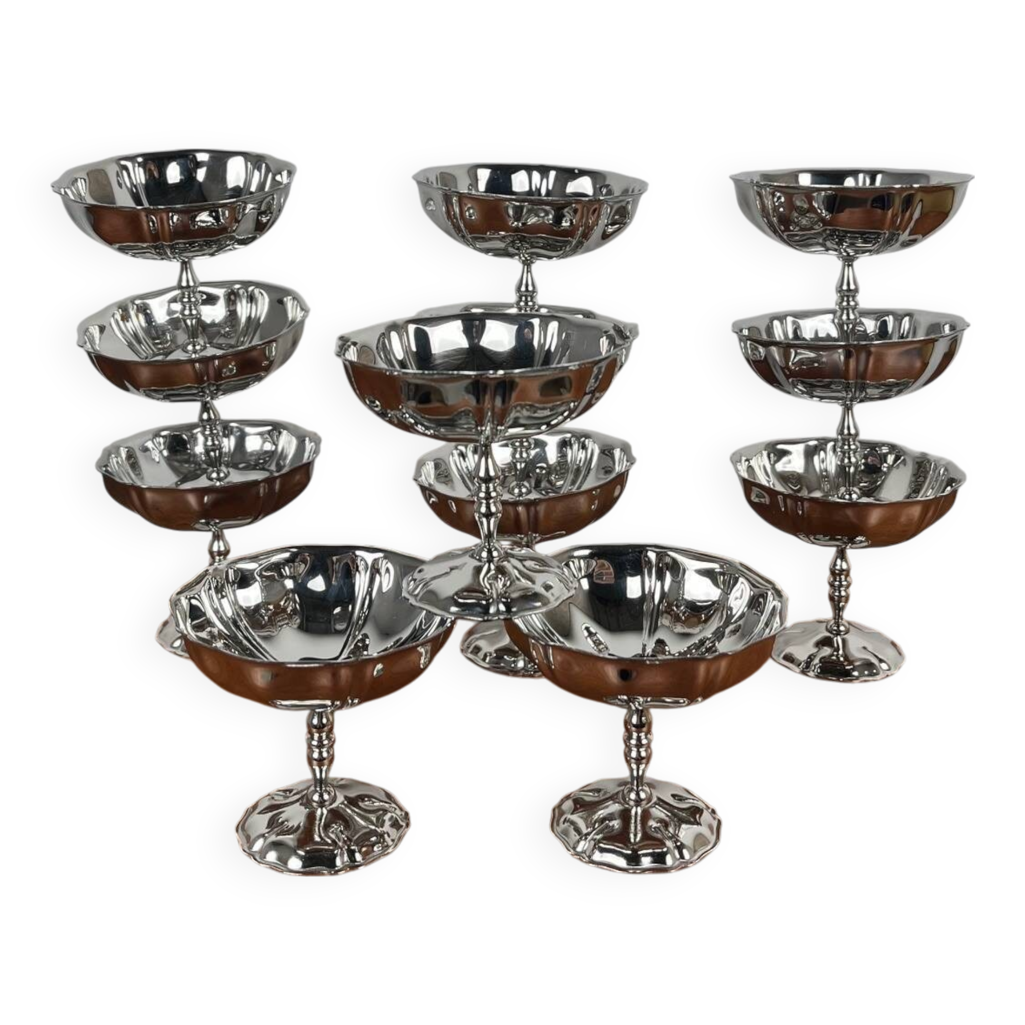 Set de 12 coupes à glaces en inox, motif fleur pied haut