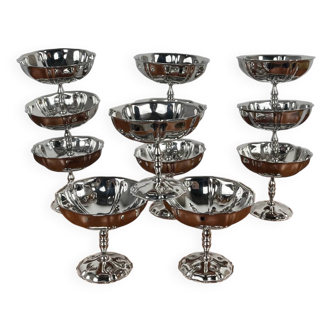 Set de 12 coupes à glaces en inox, motif fleur pied haut