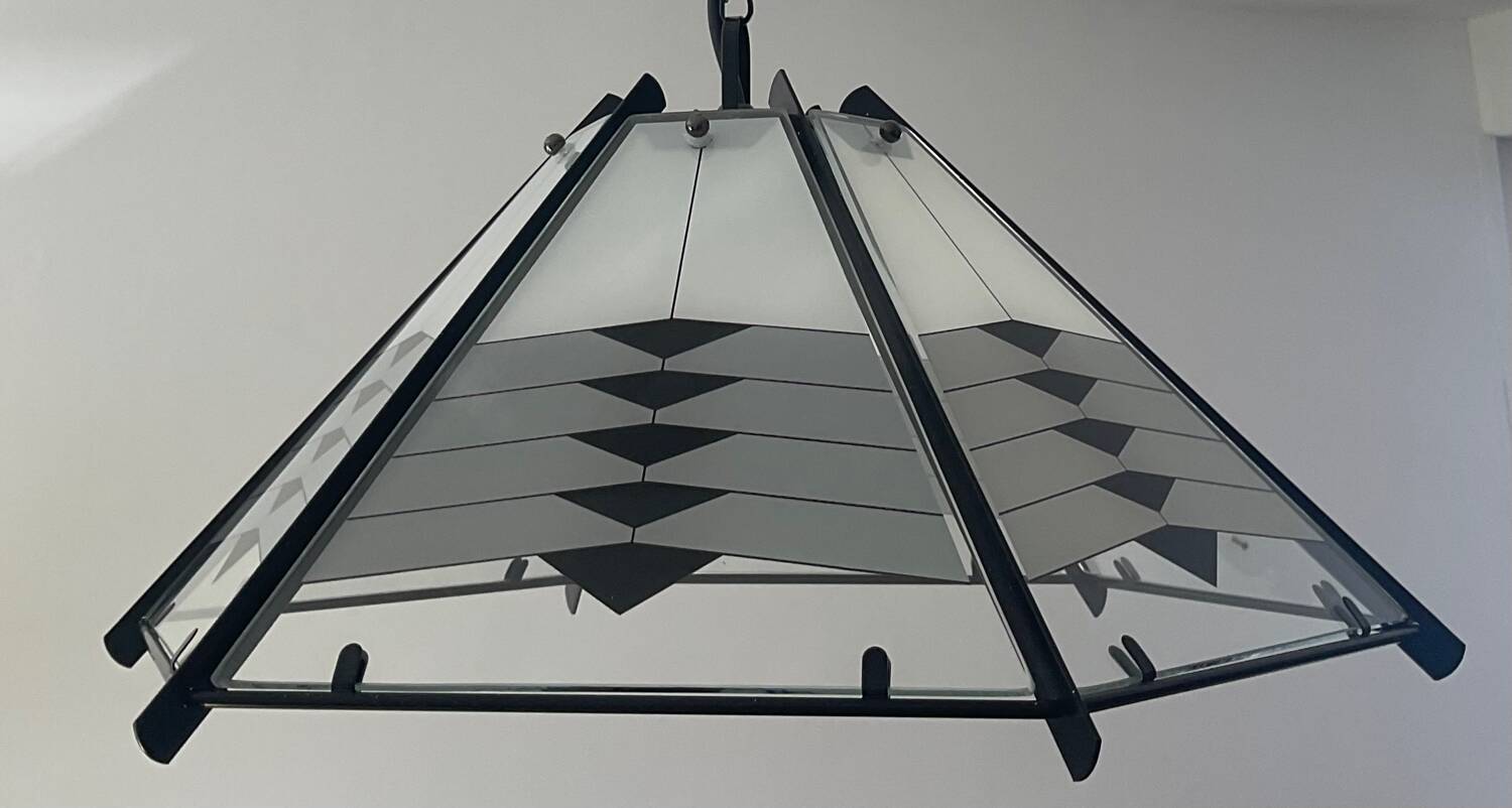Post Modern pendant light in metal and glass