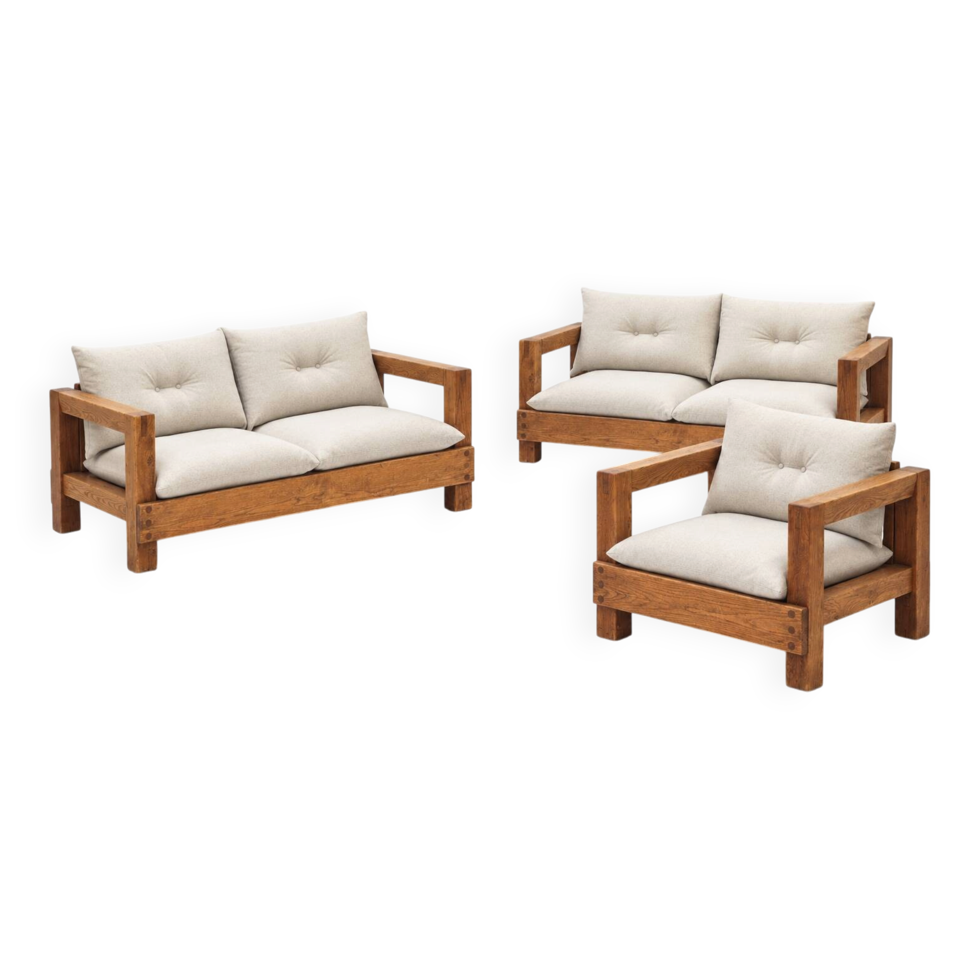 Solid oak seating ensemble rebuilt in 100% virgin wool — two sofas and loun