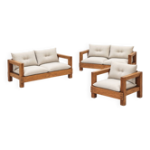 Solid oak seating ensemble rebuilt in 100% virgin wool — two sofas and loun