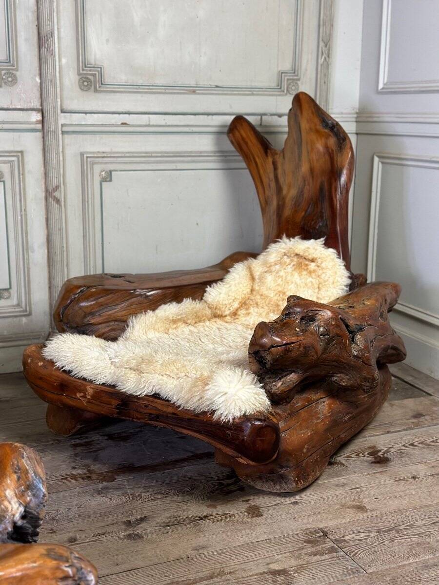 Pair of armchairs and a footstool made of root wood, circa 1970