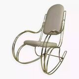 Rocking chair années 60 en laiton et simili cuir écru