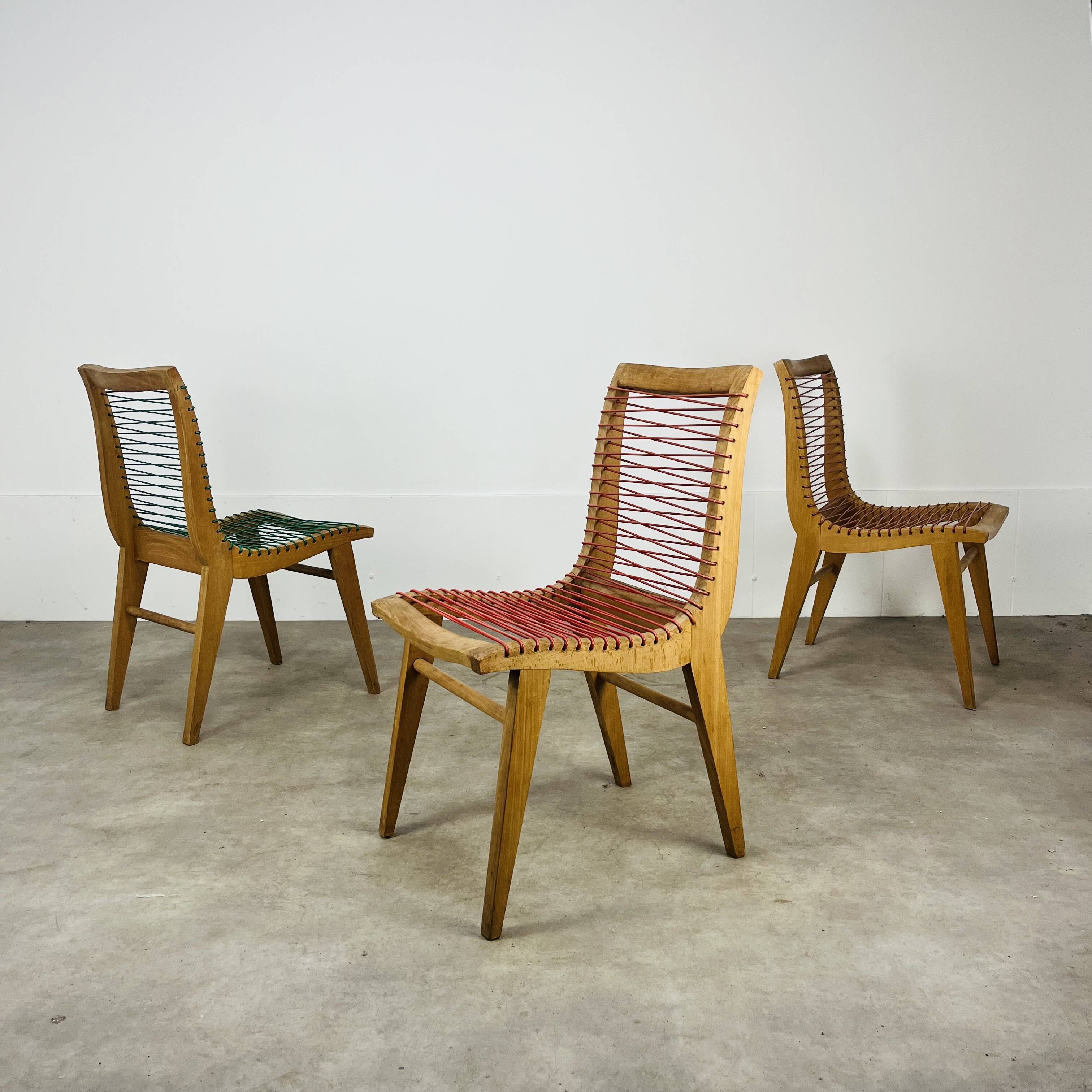 3 Louis Sognot scoubidou chairs from the 1950s