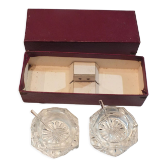 Set of crystal salters with boxed spoons