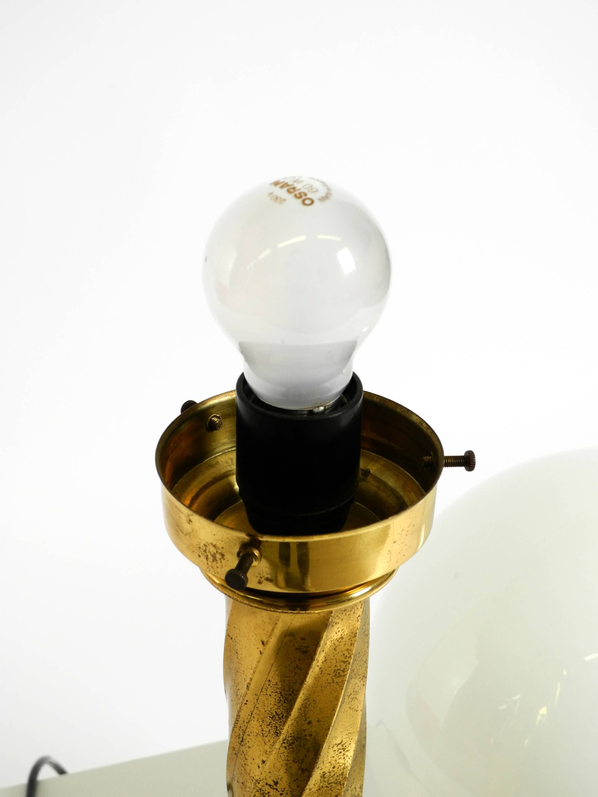Large 1960s brass column-style table lamp with frosted glass globe