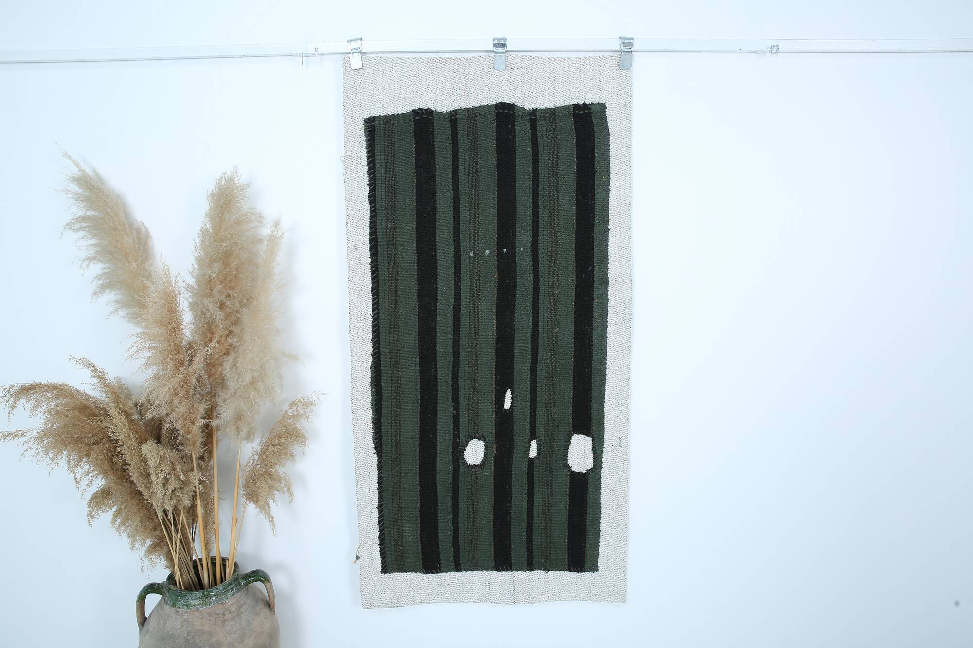 Turkish Green Black Striped Vintage Kilim Rug, 81x163Cm